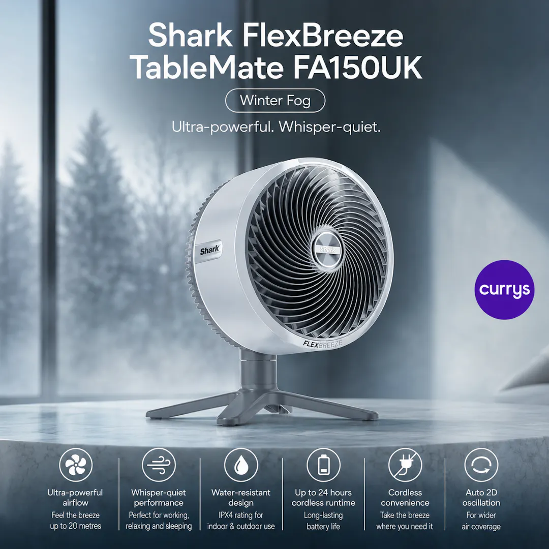 SHARK FLEXBREEZE TABLEMATE FA150UK PORTABLE 11.8" DESK FAN - WINTER FOG
