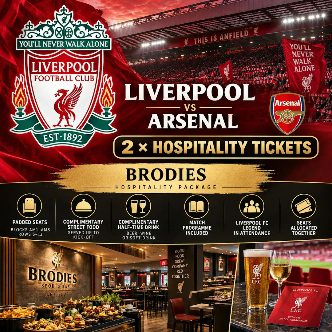 2 X LIVERPOOL VS ARSENAL BRODIES HOSPITALITY TICKETS