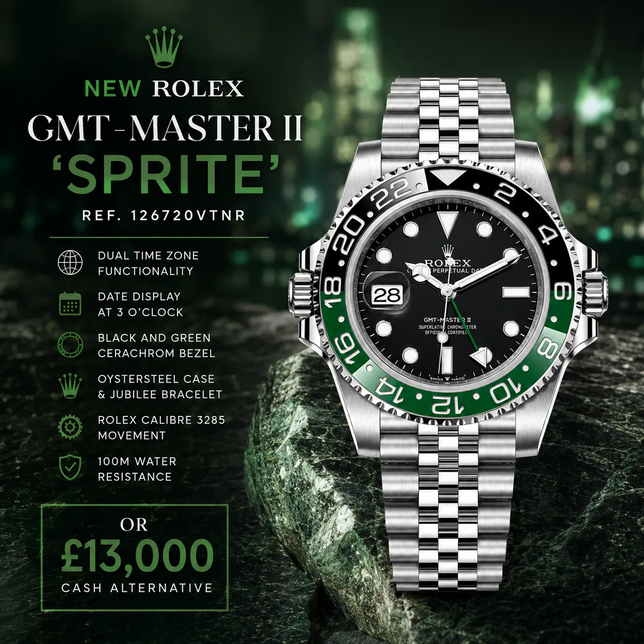 NEW 2025 ROLEX GMT MASTER II 'SPRITE' OR £13,000