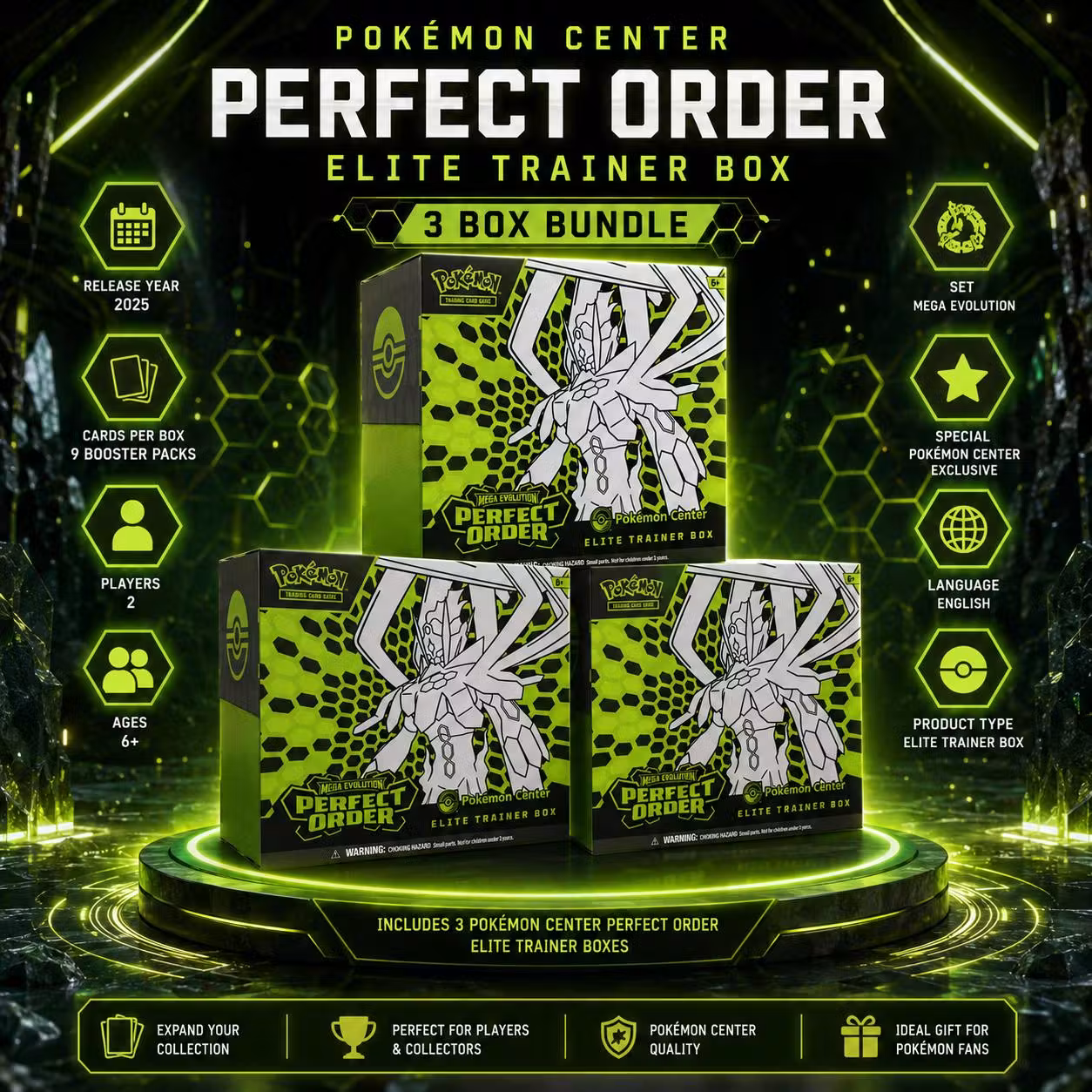 3 X POKÉMON CENTER MEGA EVOLUTION PERFECT ORDER ELITE TRAINER BOX BUNDLE