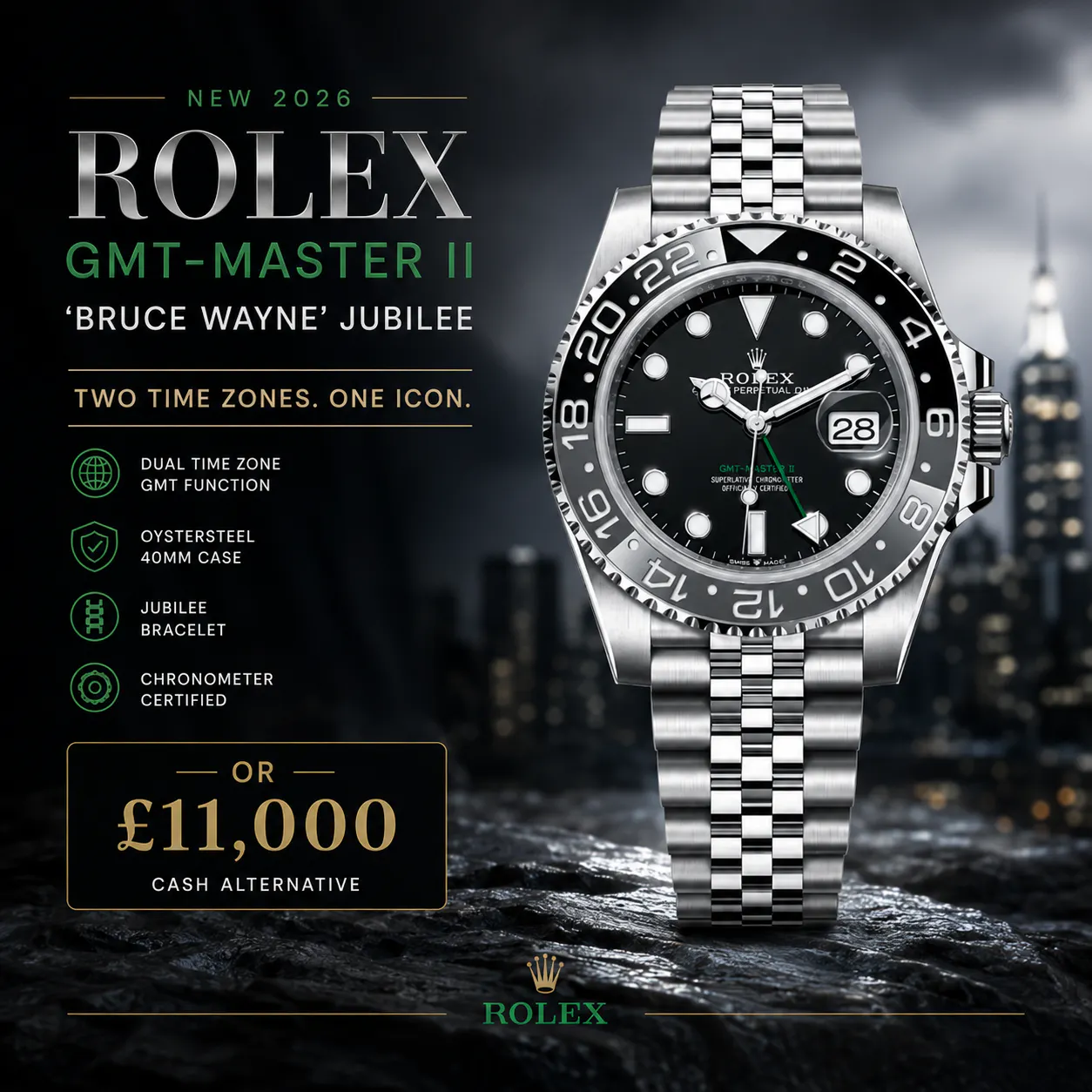 NEW 2026 ROLEX GMT MASTER II 'BRUCE WAYNE' JUBILEE OR £11,000