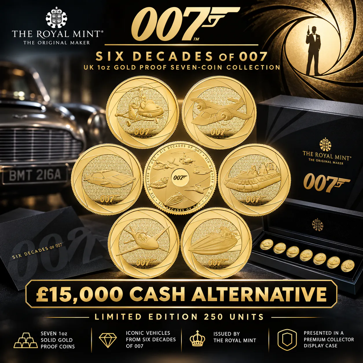 SIX DECADES OF 007 UK 1OZ GOLD PROOF SEVEN-COIN COLLECTION OR £15,000