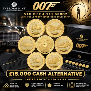 SIX DECADES OF 007 UK 1OZ GOLD PROOF SEVEN-COIN COLLECTION OR £15,000