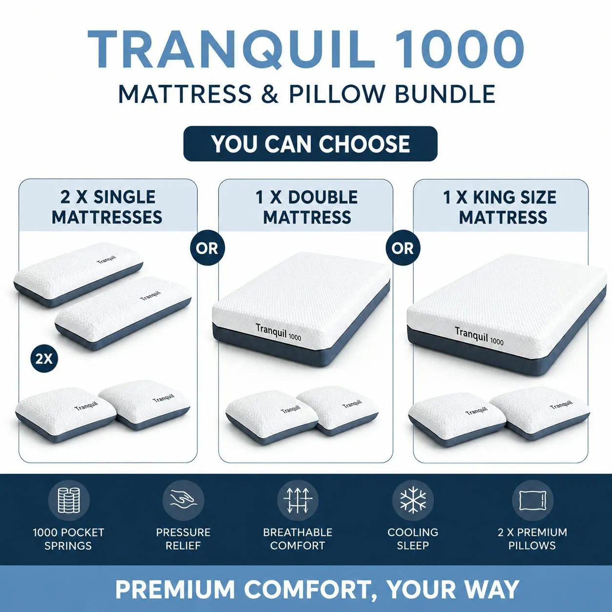 TRANQUIL 1000 MATTRESS & PILLOW BUNDLE - WINNERS CHOICE OF SIZE