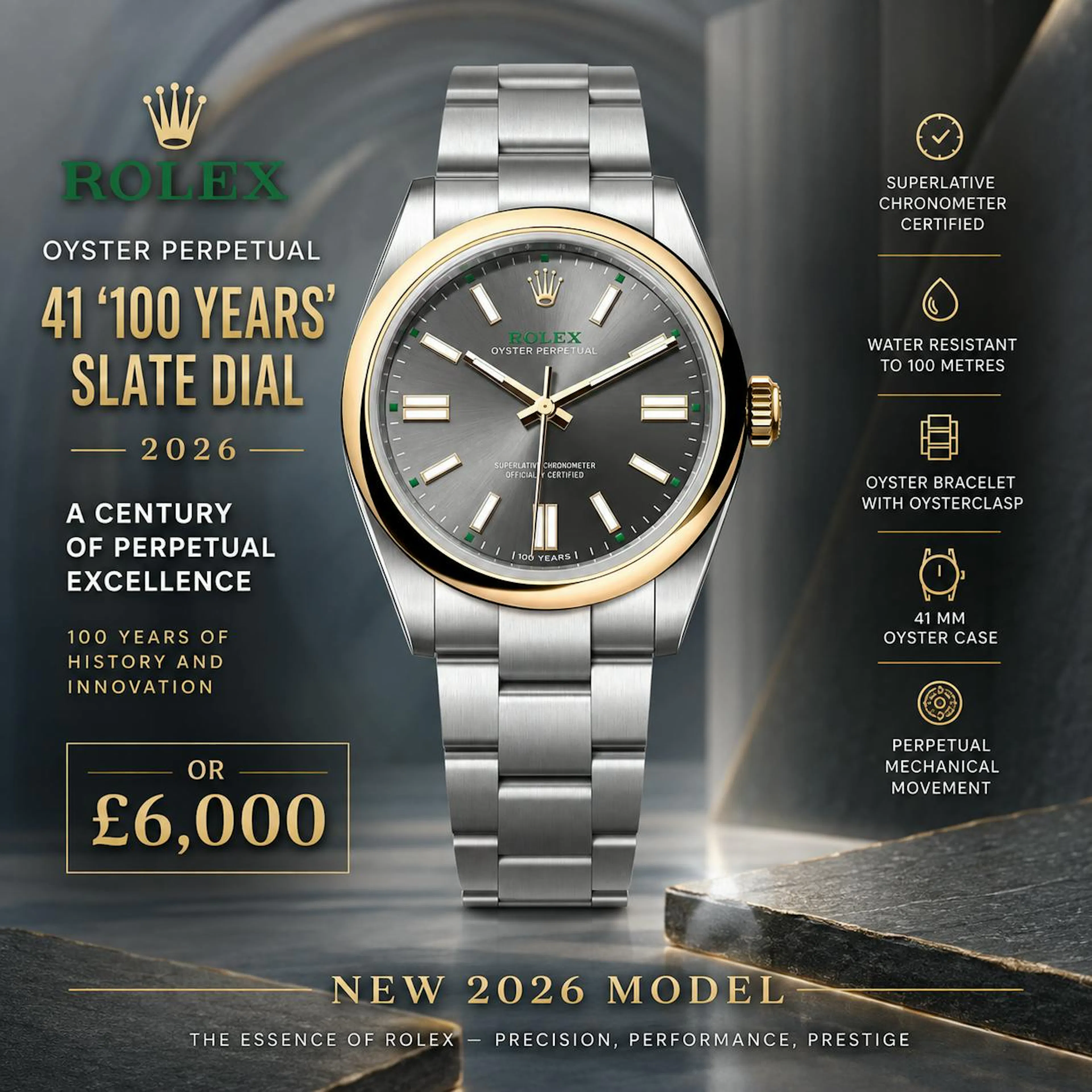 David Spencer - NEW 2026 ROLEX OYSTER PERPETUAL 41 ‘100 YEARS’ SLATE DIAL OR £6,000