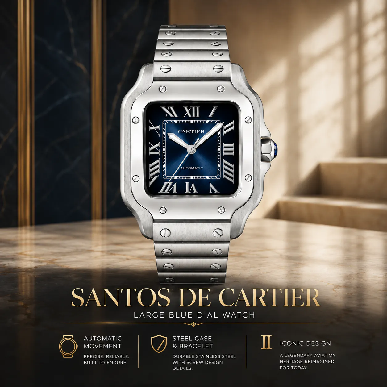 NEW CARTIER SANTOS DE CARTIER LARGE BLUE DIAL WATCH
