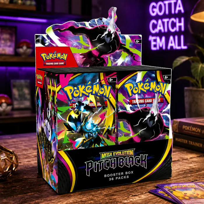 black booster box Pitch Mega Evolution Pokemon Each booster pack contains 35 random cards (1x 1 AR Per Booster Pack) Part of the Scarlet Pitch Black Booster Boxes Are
