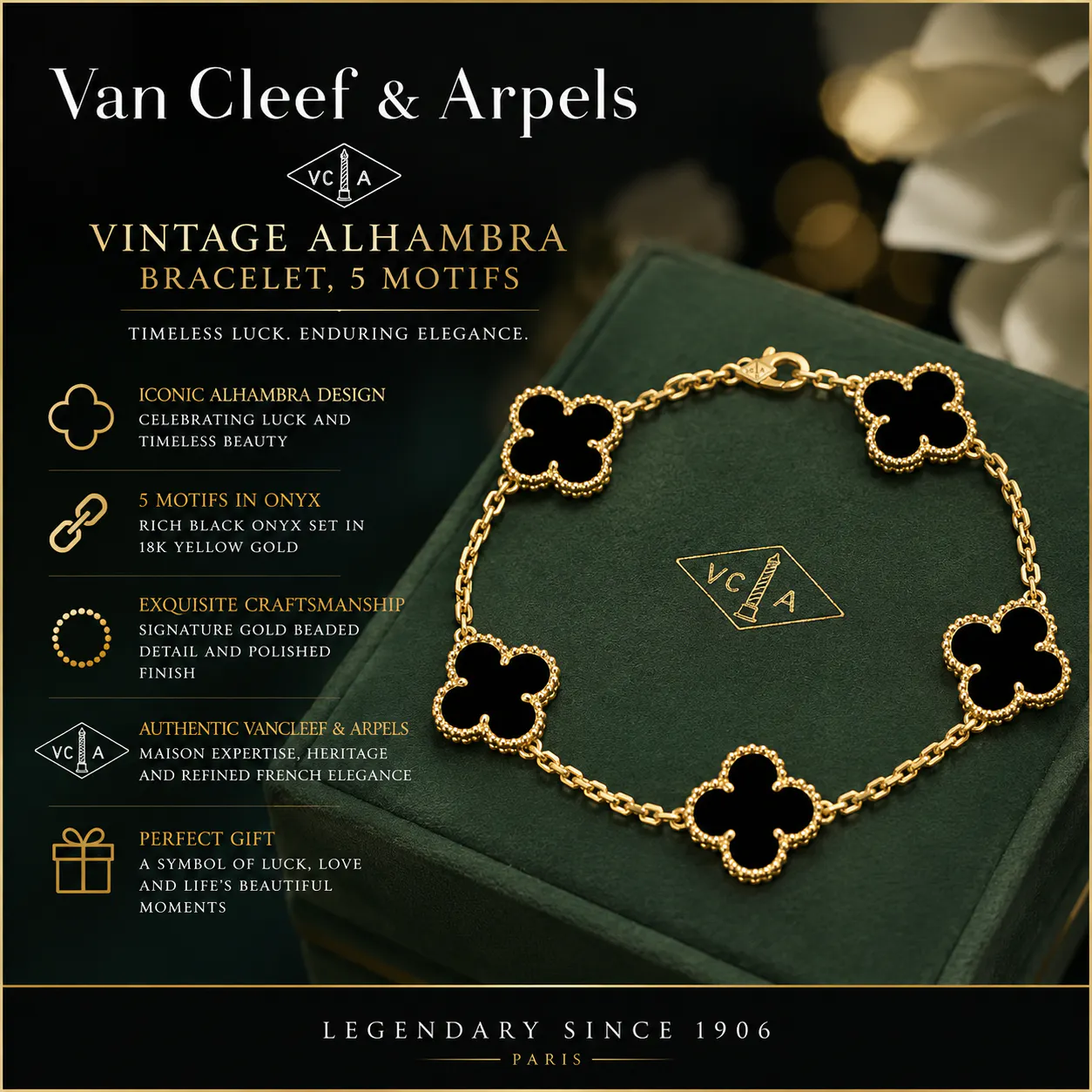 BRAND NEW 18K GOLD & ONYX VAN CLEEF & ARPELS VINTAGE ALHAMBRA BRACELET