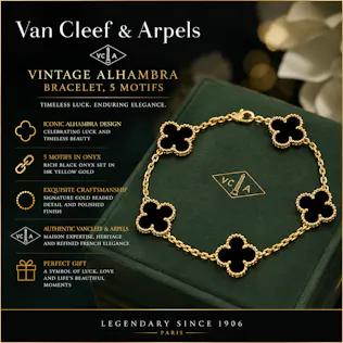 BRAND NEW 18K GOLD & ONYX VAN CLEEF & ARPELS VINTAGE ALHAMBRA BRACELET