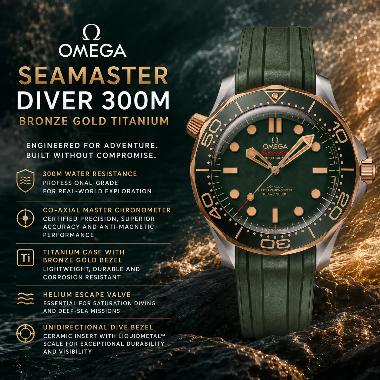 NEW OMEGA SEAMASTER DIVER 300M BRONZE GOLD TITANIUM AUTOMATIC WATCH