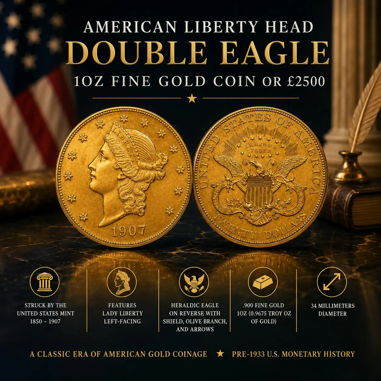 AMERICAN LIBERTY HEAD DOUBLE EAGLE 1OZ FINE GOLD COIN OR £2500