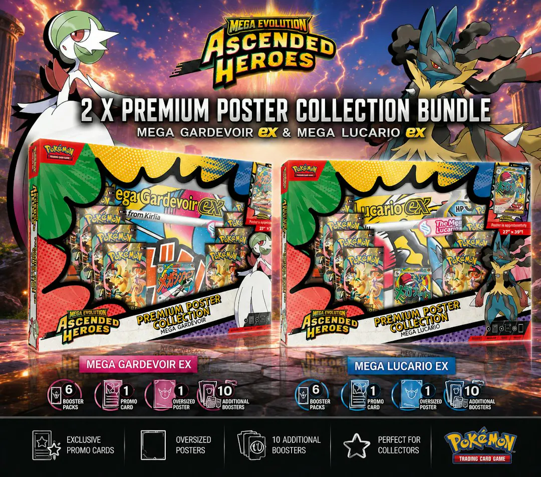 2 X ASCENDED HEROES PREMIUM POSTER COLLECTIONS – MEGA GARDEVOIR & LUCARIO