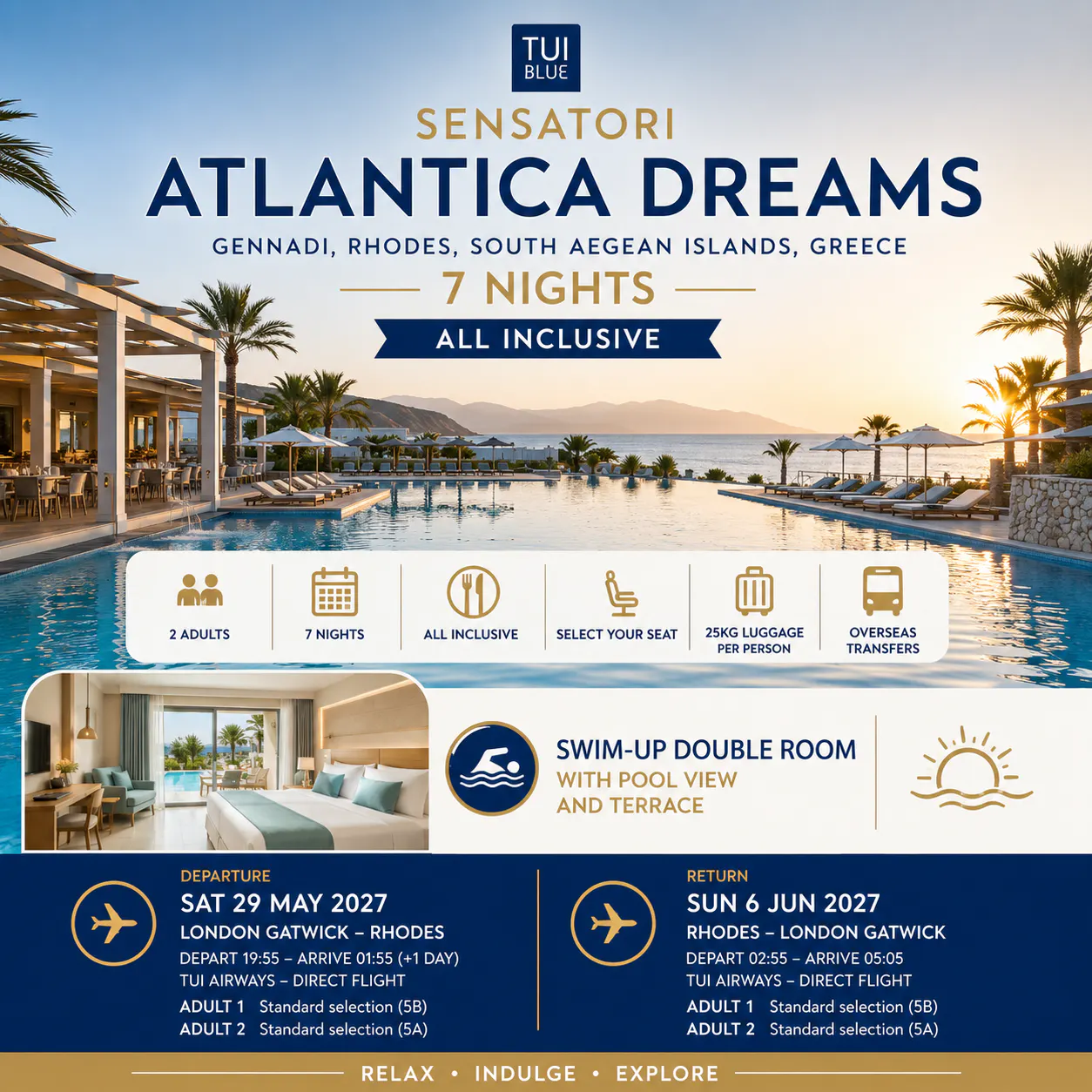 TUI BLUE SENSATORI RHODES SWIM-UP LUXURY ESCAPE 7 NIGHTS ALL INC
