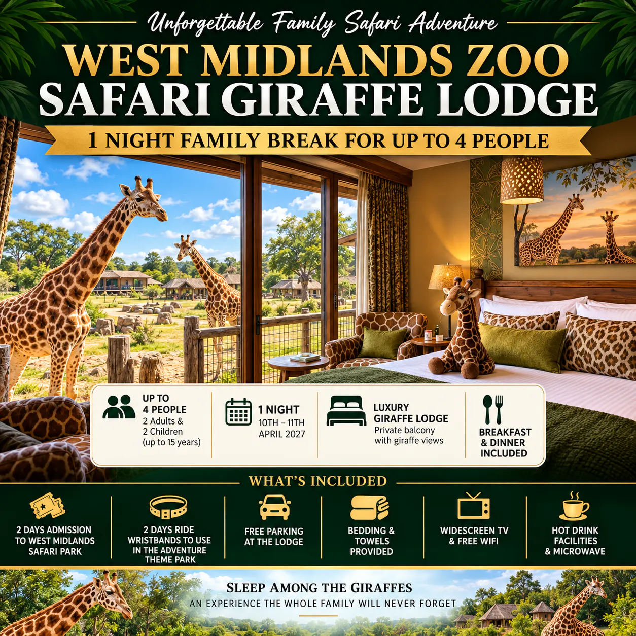 WEST MIDLANDS ZOO SAFARI GIRAFFE LODGE (FAMILY BREAK) + £500
