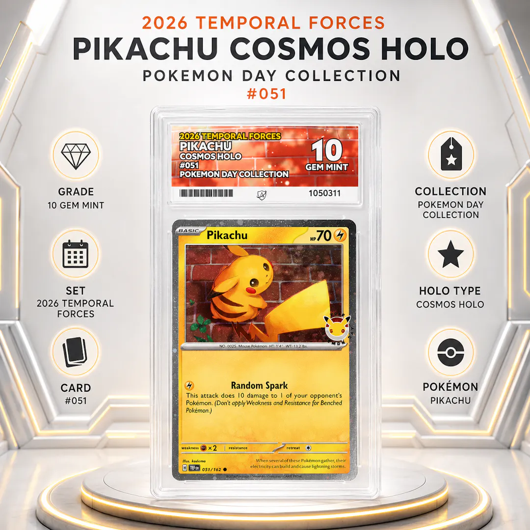 ACE 10 GEM MINT PIKACHU COSMOS HOLO #051 POKÉMON DAY COLLECTION – TEMPORAL FORCES 2026 PROMO