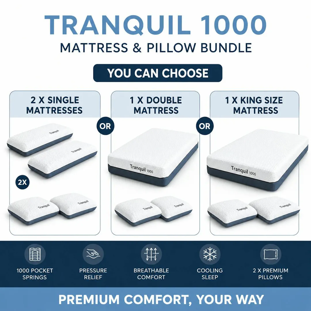 TRANQUIL 1000 MATTRESS & PILLOW BUNDLE - WINNERS CHOICE OF SIZE