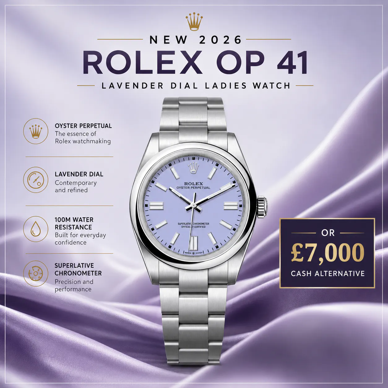 NEW 2026 ROLEX OP 41 LAVENDER DIAL LADIES WATCH OR £7,000