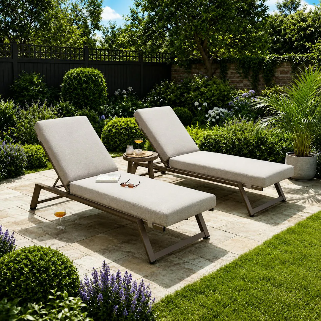 2 x LUXURY OUTDOOR QUATROPI CAYMAN CUSHIONED SUN LOUNGERS
