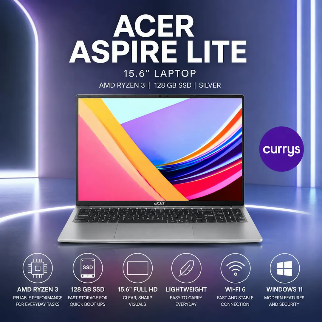 ACER ASPIRE LITE 15.6" LAPTOP - AMD RYZEN 3, 128 GB SSD, SILVER