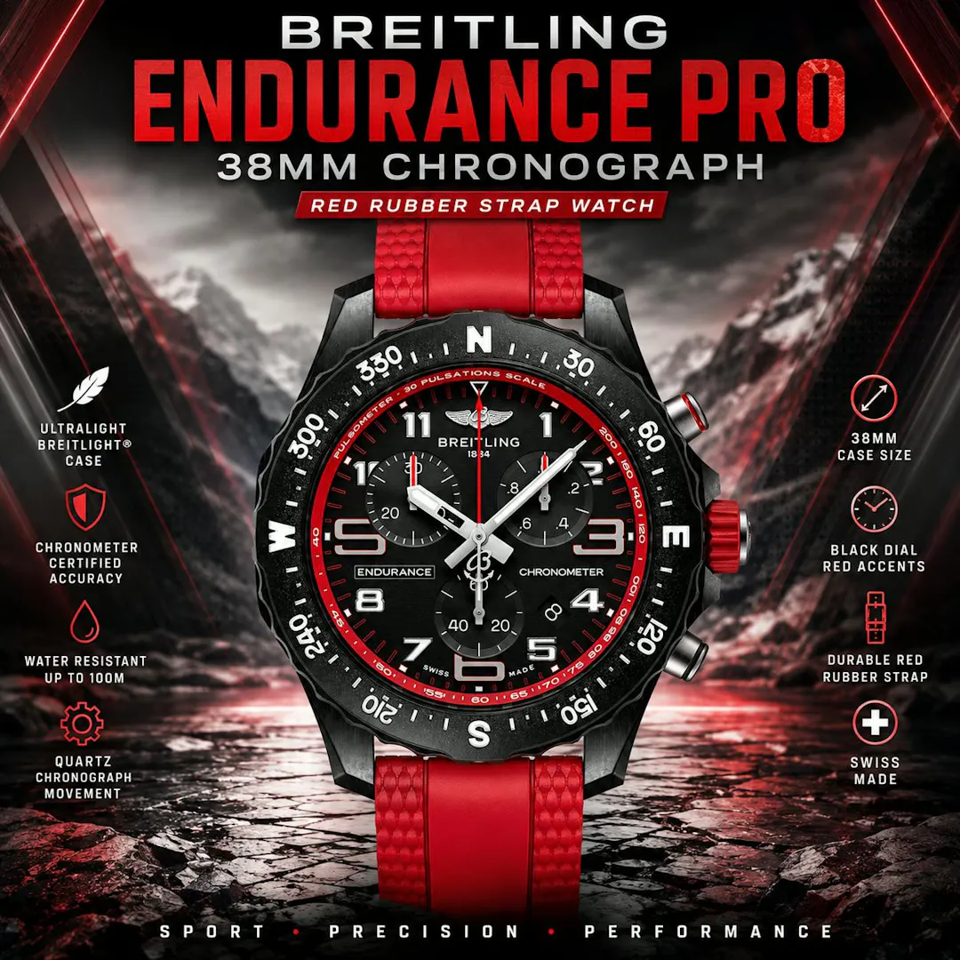 NEW BREITLING ENDURANCE PRO 38MM CHRONOGRAPH RED RUBBER STRAP WATCH