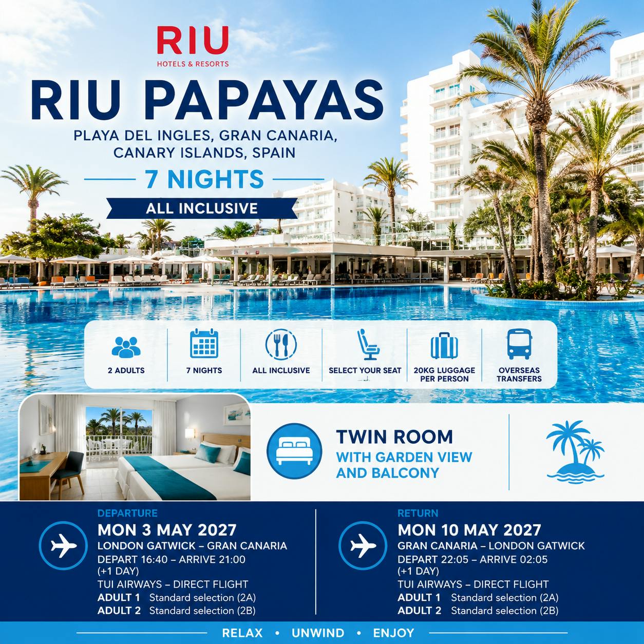 7 NIGHT RIU PAPAYAS GRAN CANARIA SUNSHINE HOLIDAY