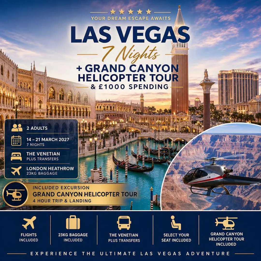 LAS VEGAS 7 NIGHTS + GRAND CANYON HELICOPTER TOUR & £1000