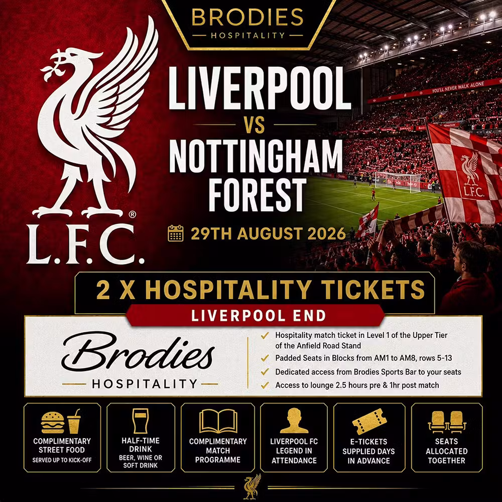 2 X LIVERPOOL VS NOTTINGHAM FOREST BRODIES HOSPITALITY TICKETS