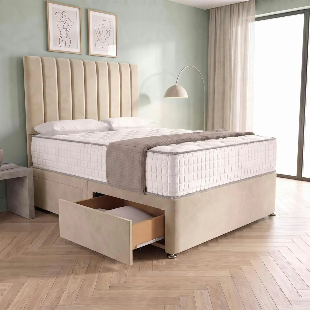 LUXURY DIVAN BED + DRAWERS & MATTRESS - CHOICE OF COLOUR & SIZE