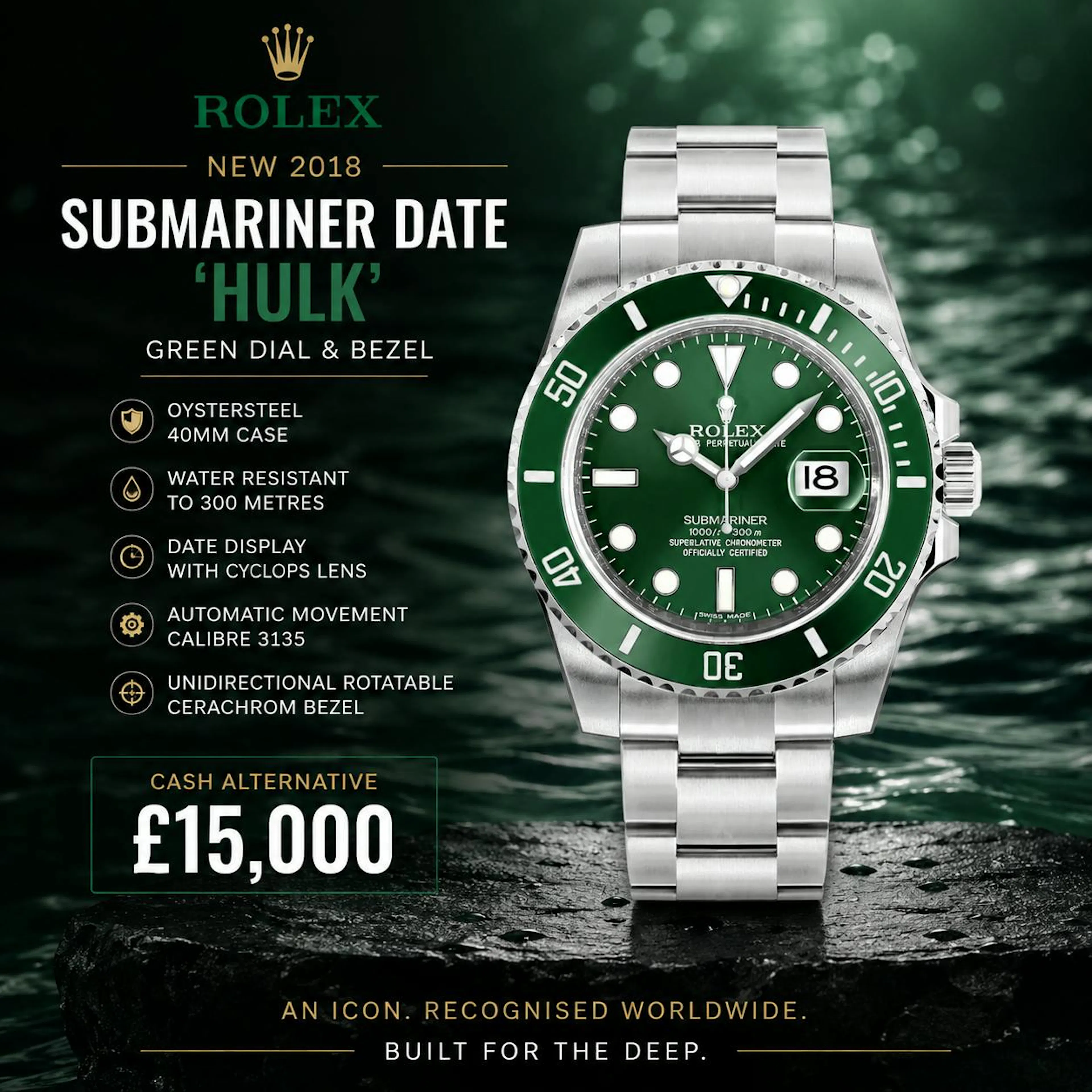 James Harvey - NEW 2018 ROLEX SUBMARINER DATE 'HULK' GREEN DIAL & BEZEL OR £15,000