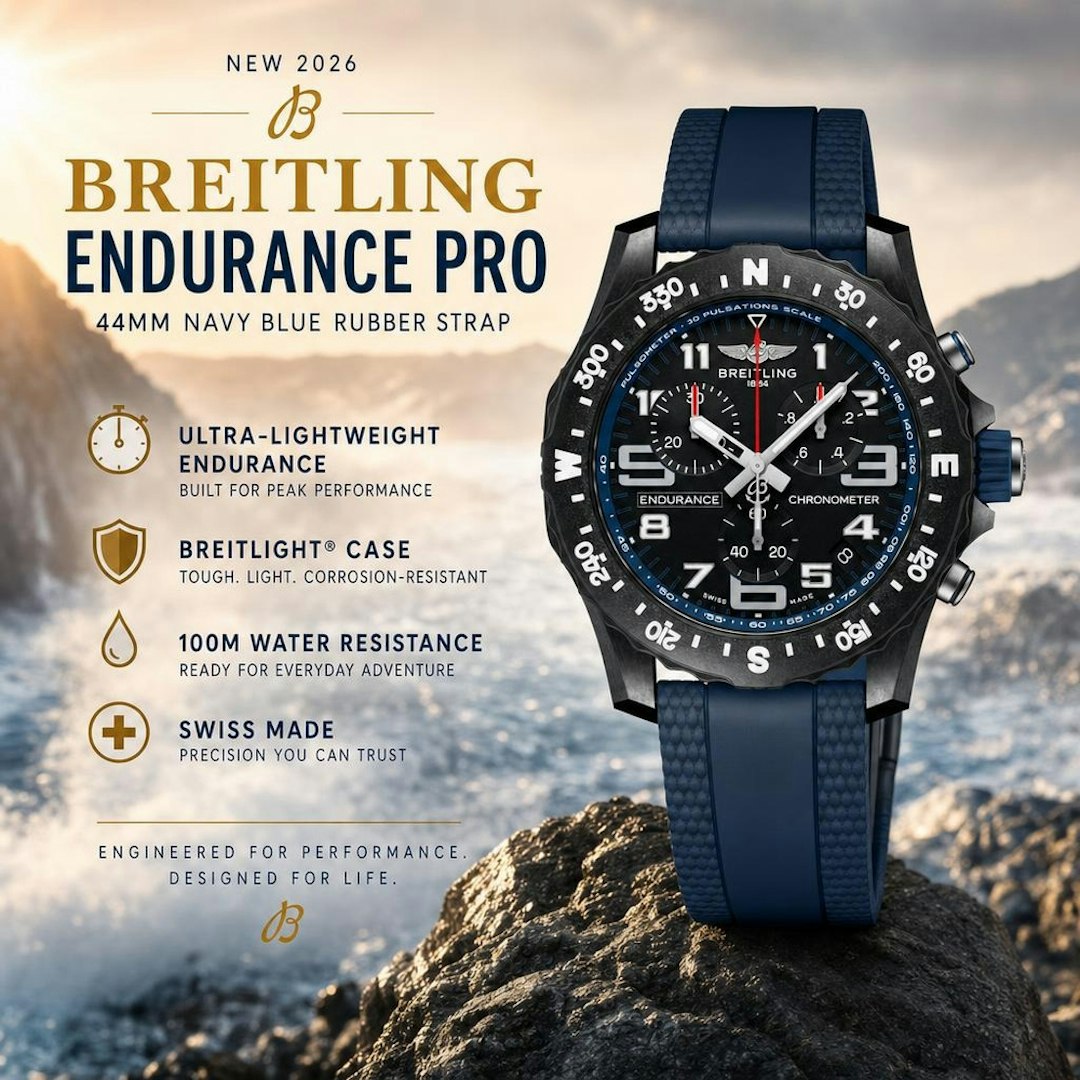 NEW BREITLING ENDURANCE PRO 44MM NAVY BLUE RUBBER STRAP WATCH